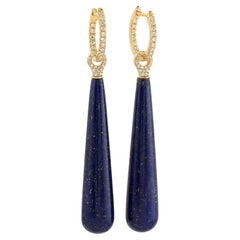 Teardrop Lapis Dangle Earrings With Diamonds Made In 18k Yellow Gold
