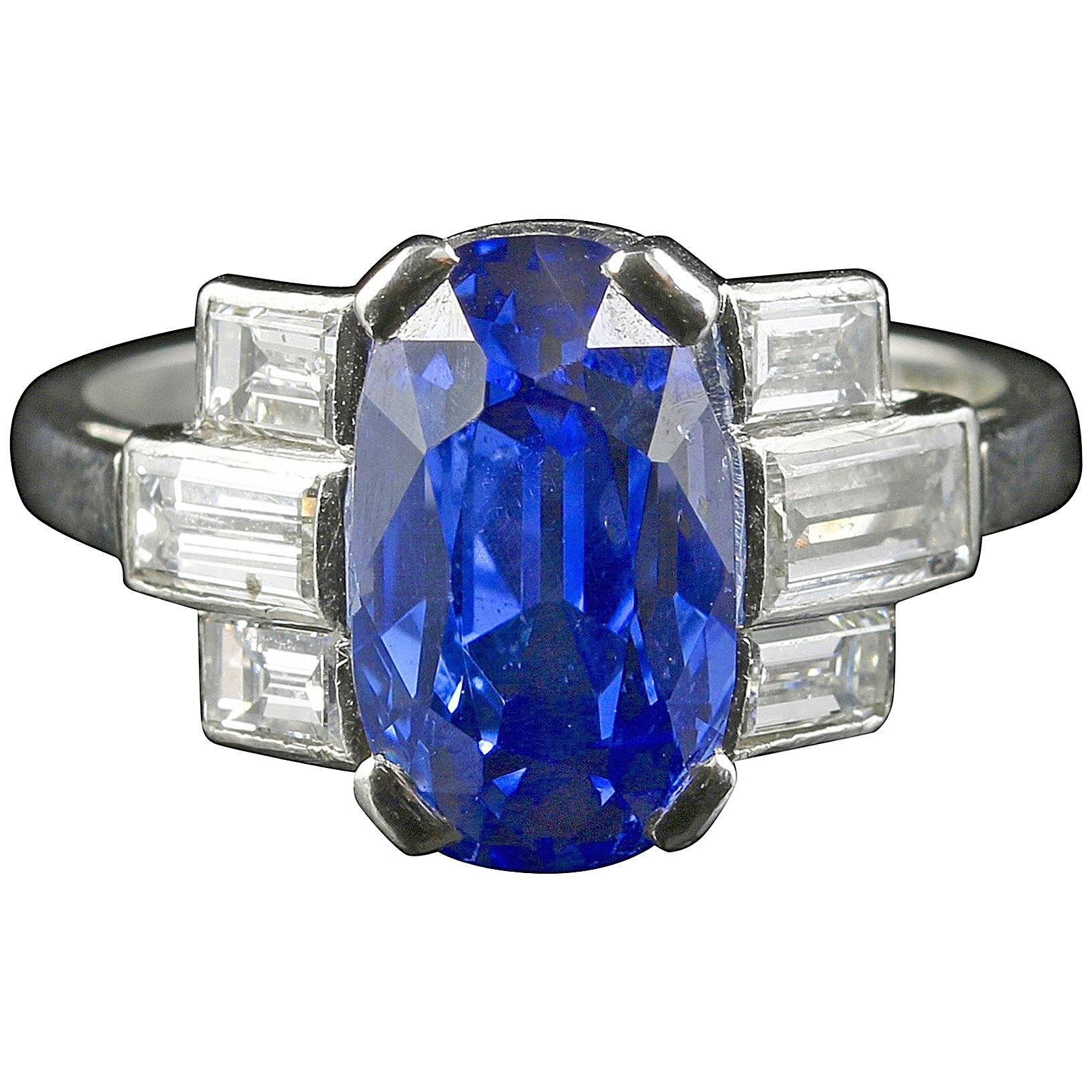 Art Deco Platinum Sapphire Diamond Ring Engagement Ring