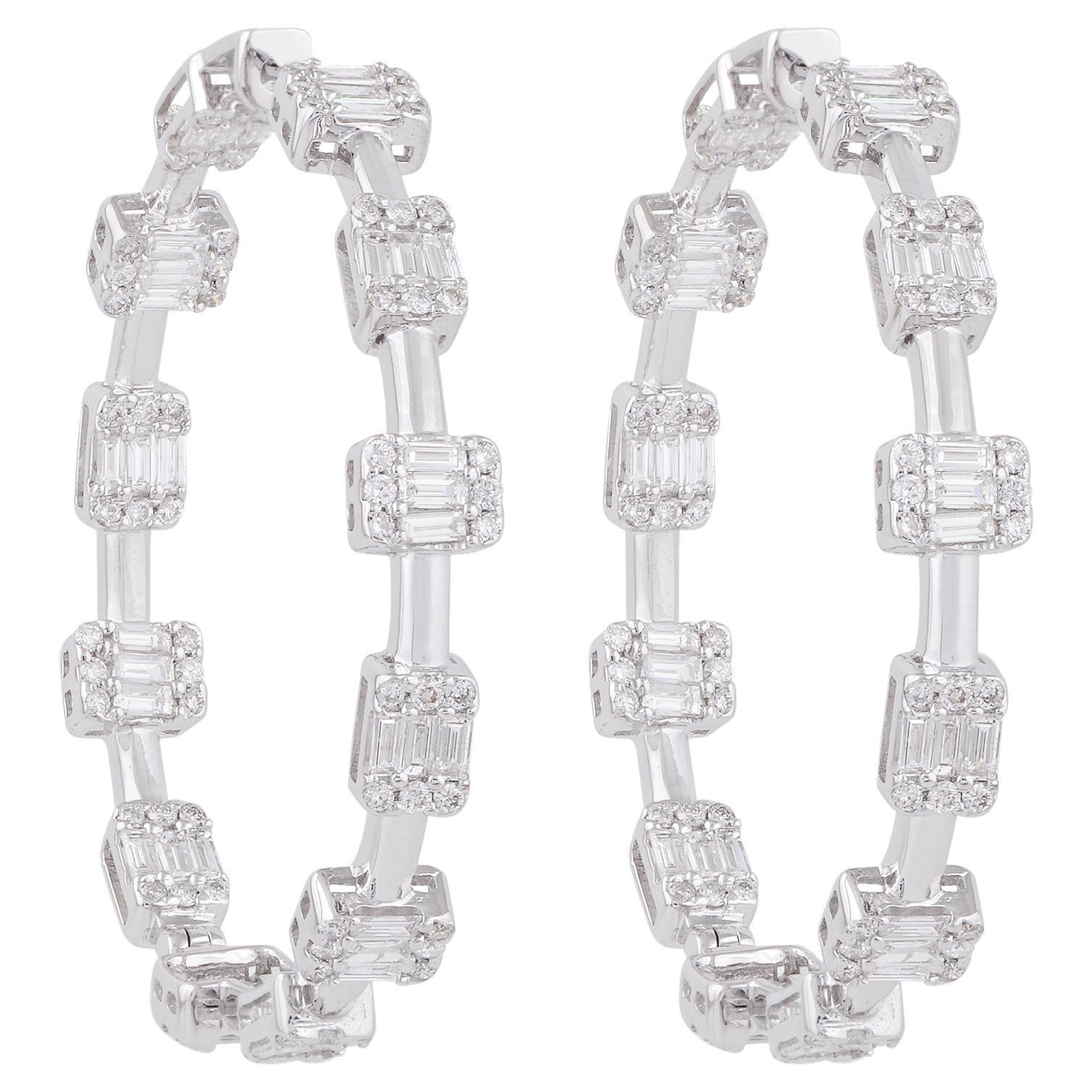 2.3 Carat SI Clarity HI Color Baguette Diamond Hoop Earrings 18 Karat White Gold