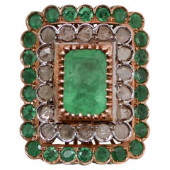 Emeralds, Diamonds, Rose Gold and Silver Ring.
