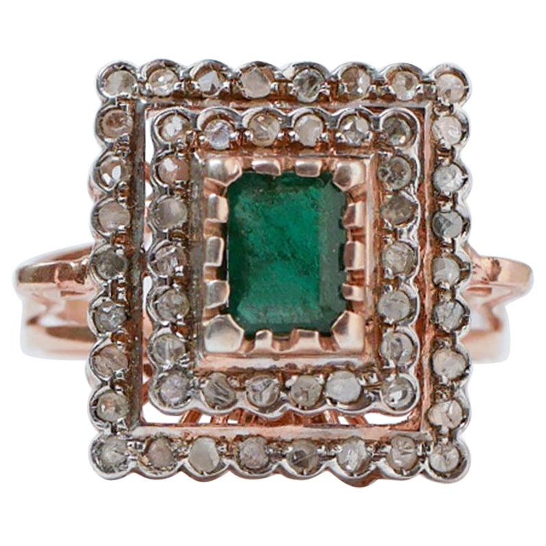 Emerald, Diamonds, Rose Gold and Silver Ring.