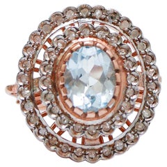 Aquamarine Colour Topaz, Diamonds, Rose Gold and Silver Ring.