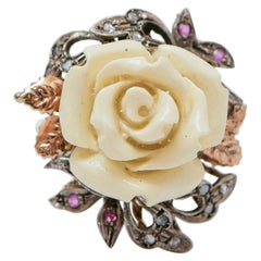 Coral, Rubies, Diamonds, Rose Gold and Silver Ring.