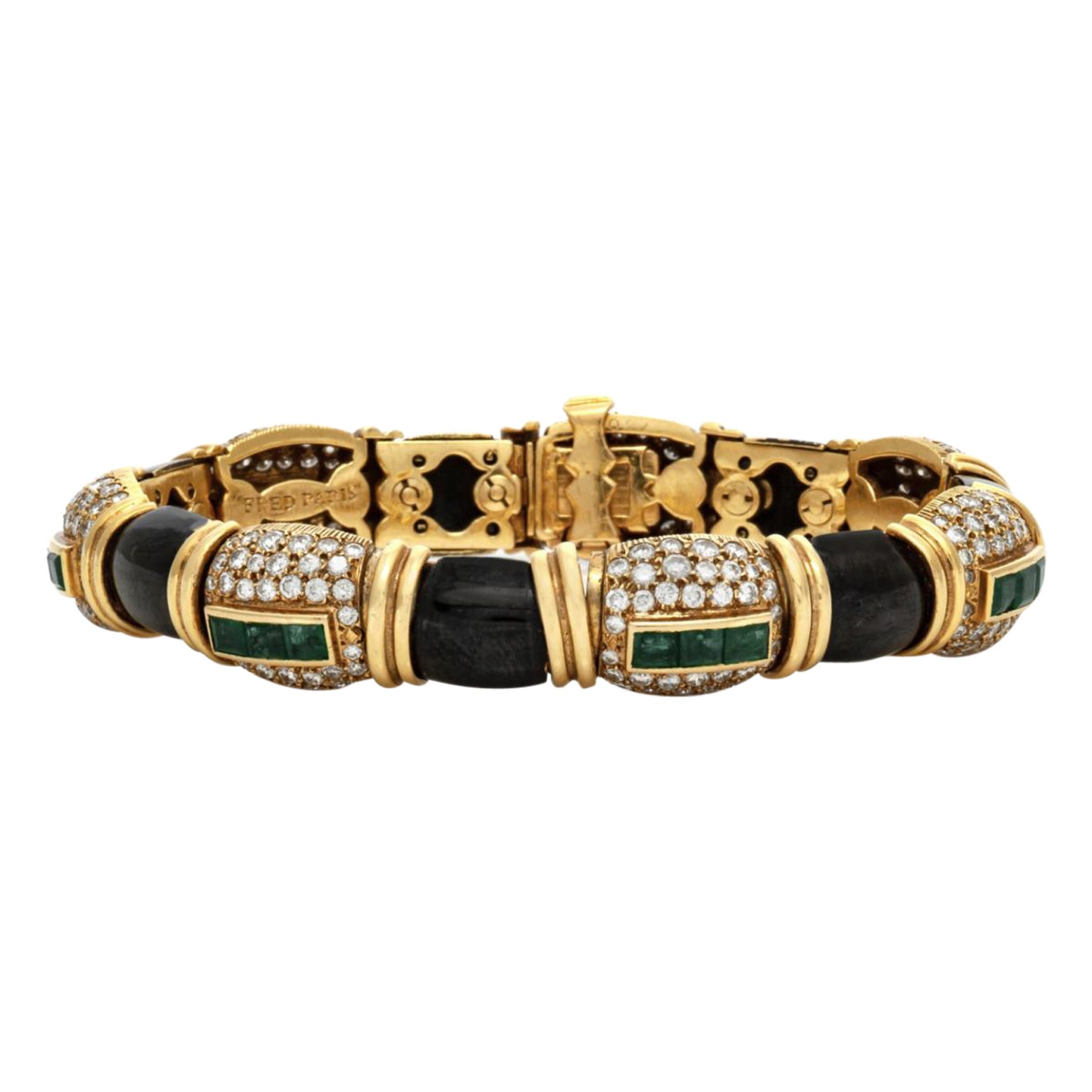 Vintage 1980s Fred Paris Enamel, Emerald & Diamond Bracelet