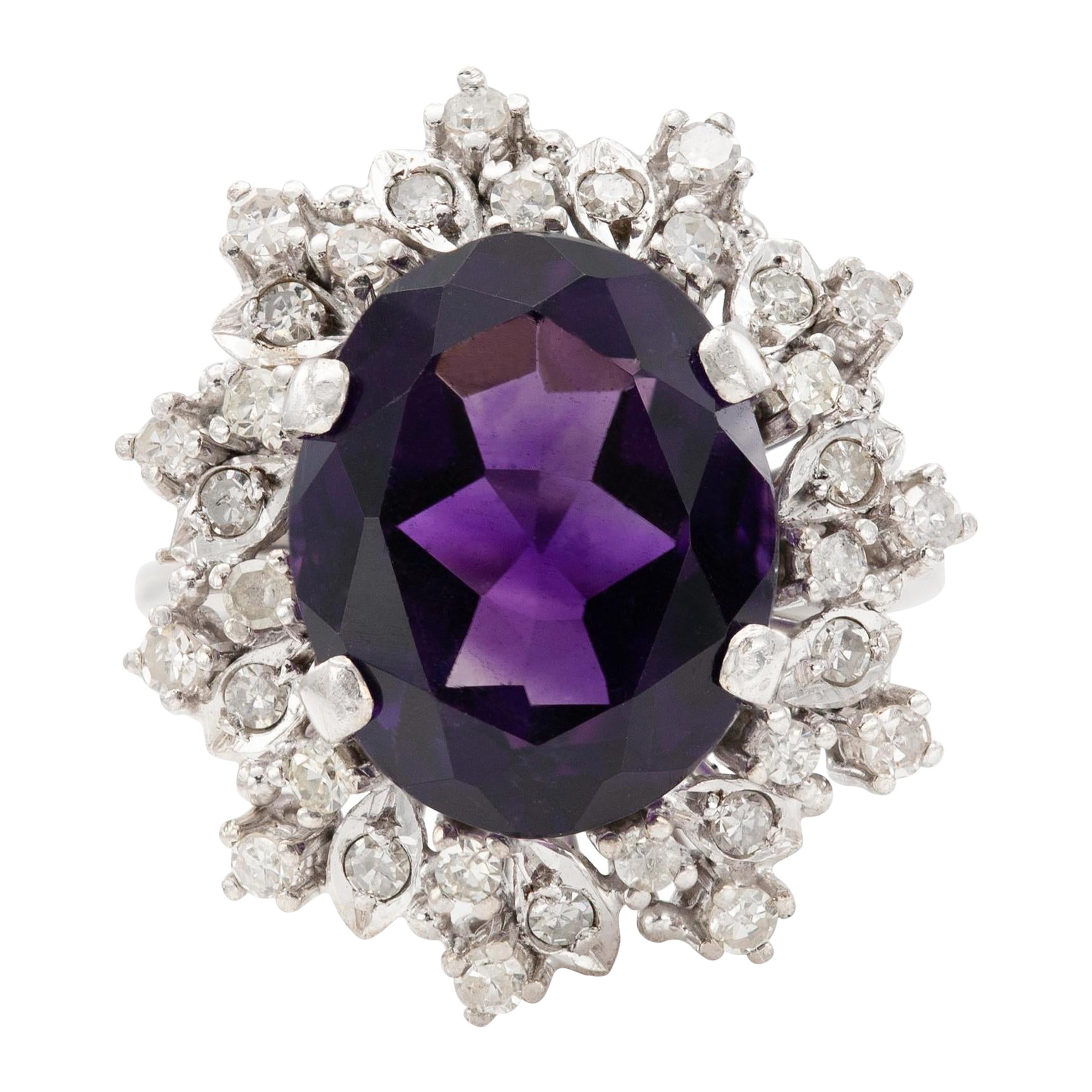 Vintage 1950s 8.00 Carat Oval Cut Amethyst Ring with Diamonds