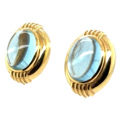 Vintage Gold Natural Blue Topaz Cabochon Clip Earrings by Gump’s