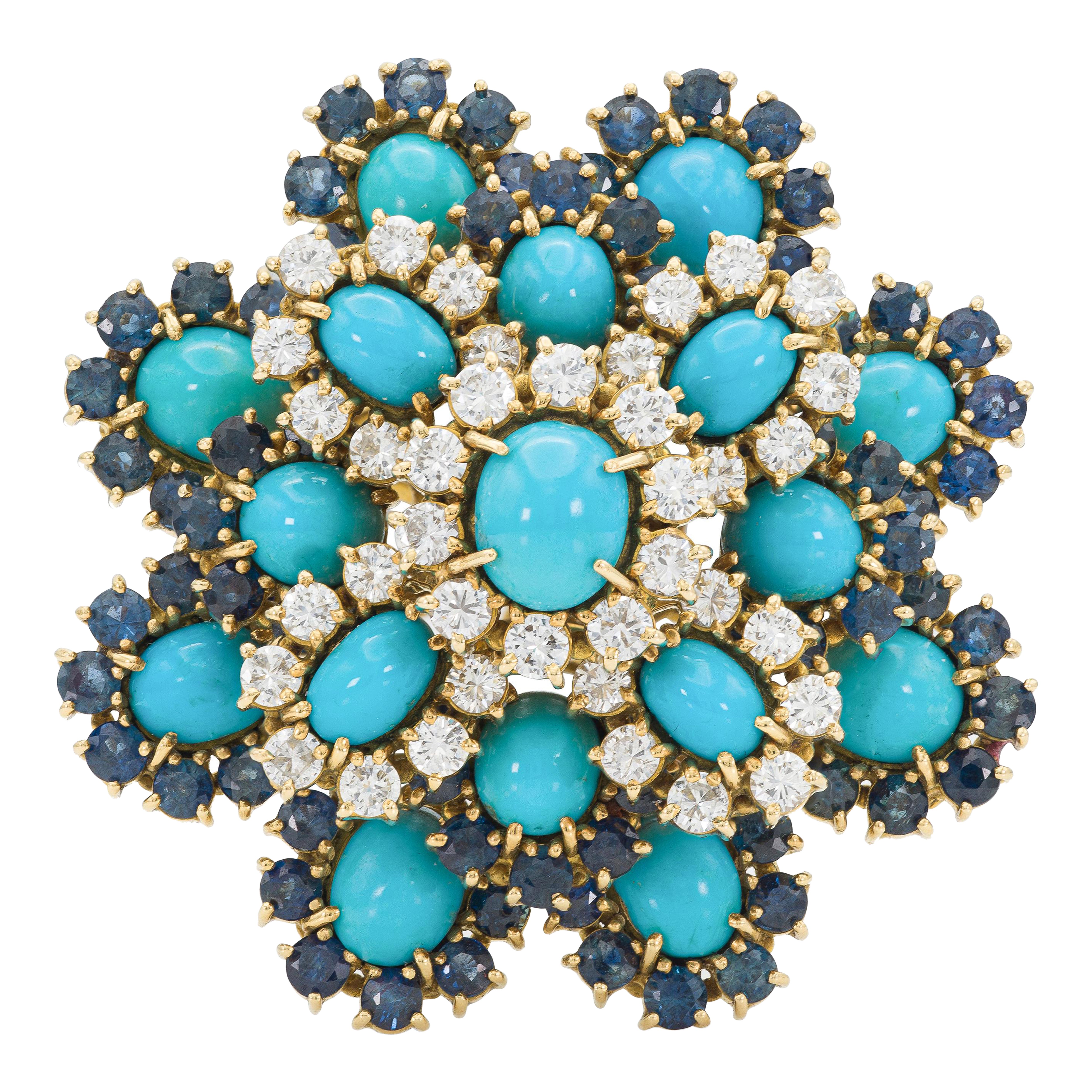 Vintage 1950s Turquoise, Diamond & Sapphire Flower Brooch