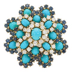 Vintage 1950s Turquoise, Diamond & Sapphire Flower Brooch