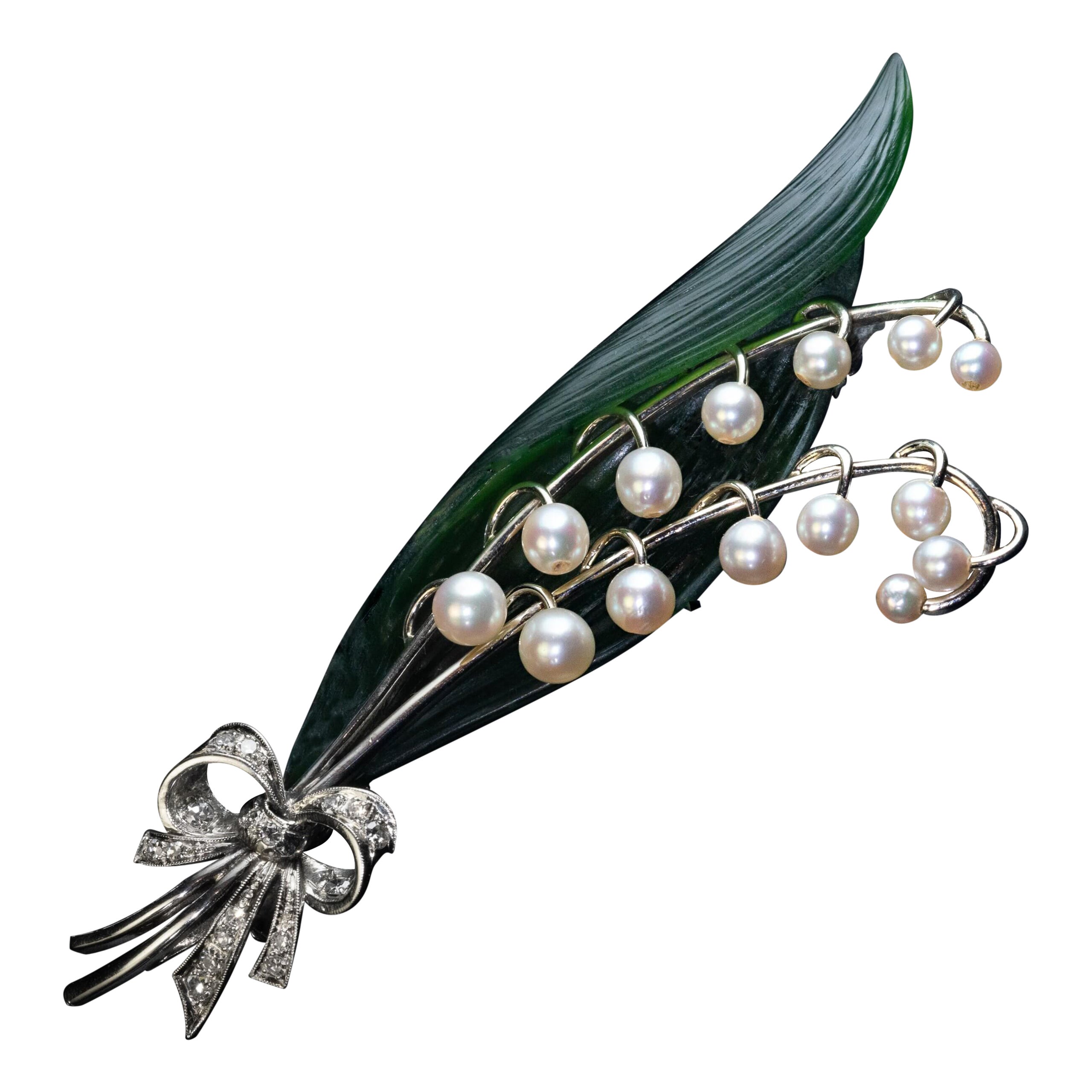 Vintage Pearl Diamond Jade Lily of the Valley Brooch c. 1940