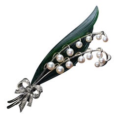 Vintage Pearl Diamond Jade Lily of the Valley Brooch c. 1940