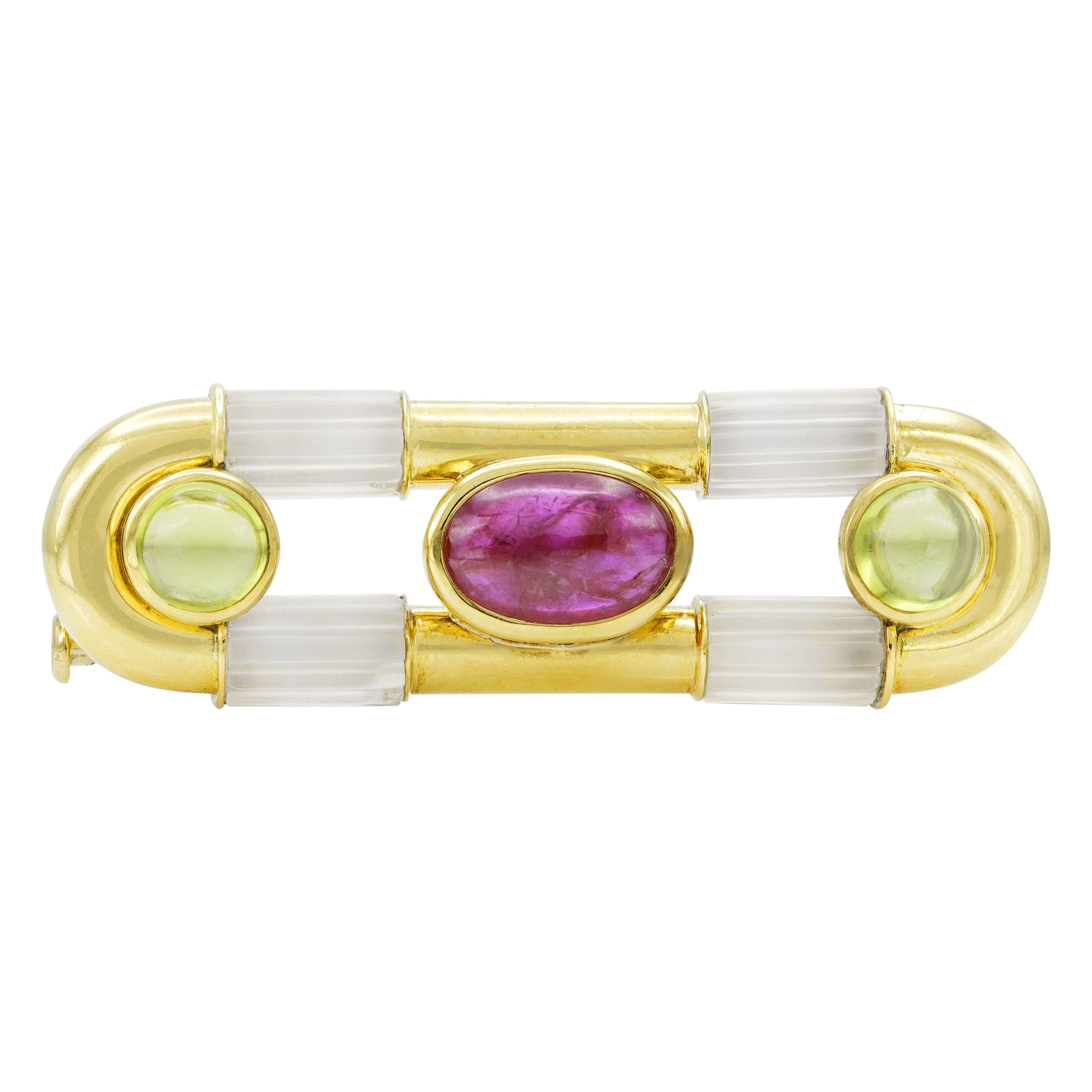Vintage 1980s Bvlgari Cabochon Ruby Tourmaline and Crystal Pin