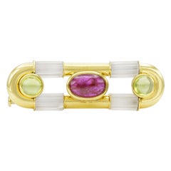 Vintage 1980s Bvlgari Cabochon Ruby Tourmaline and Crystal Pin