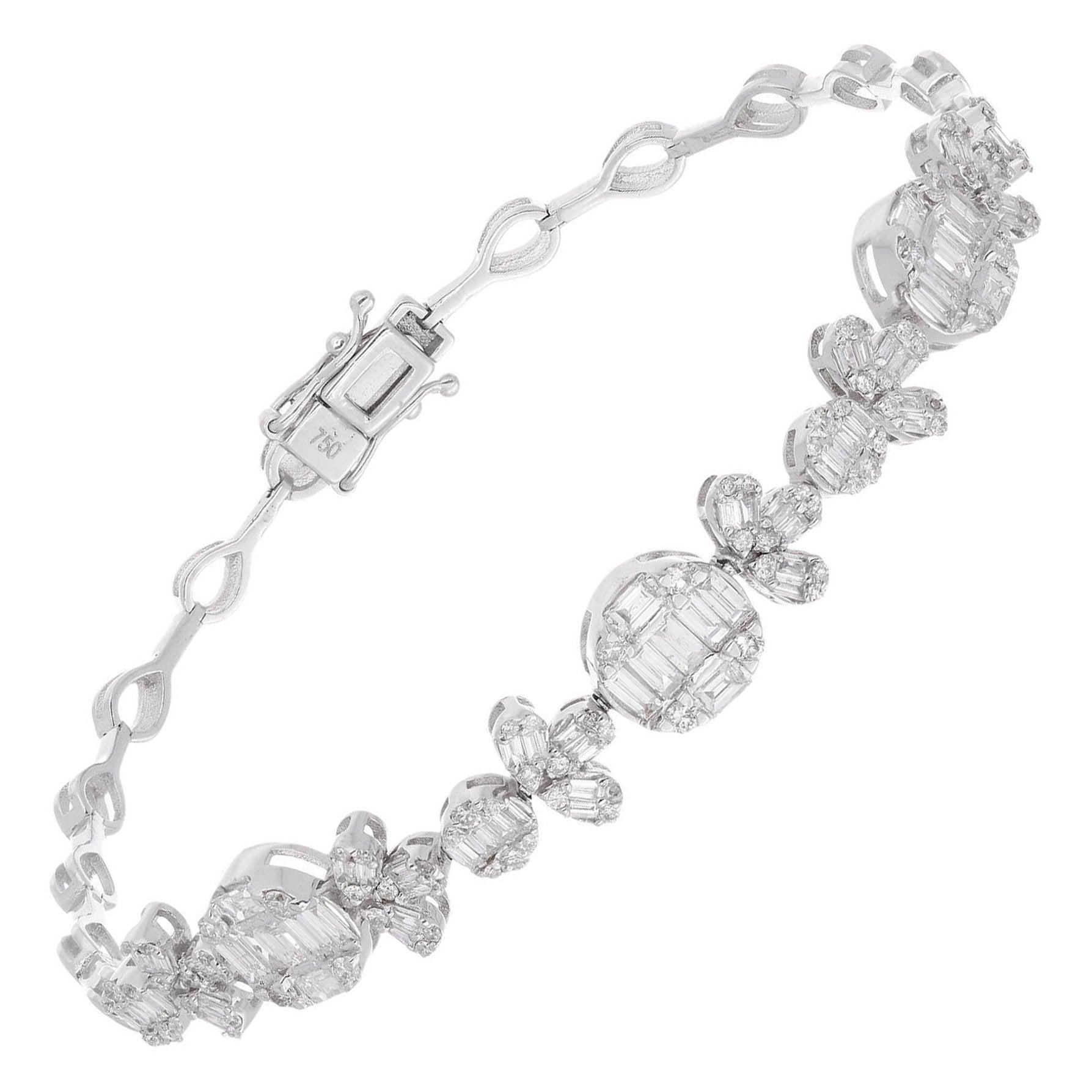 Natural 1.60 Carat Baguette Diamond Charm Bracelet 18 Karat White Gold Jewelry