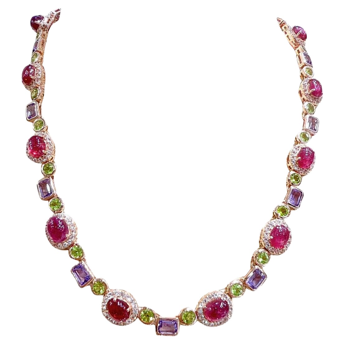 Bochic “Capri” Ruby, Amethyst, Peridot Necklace & Earrings Set 18K Gold & Silver
