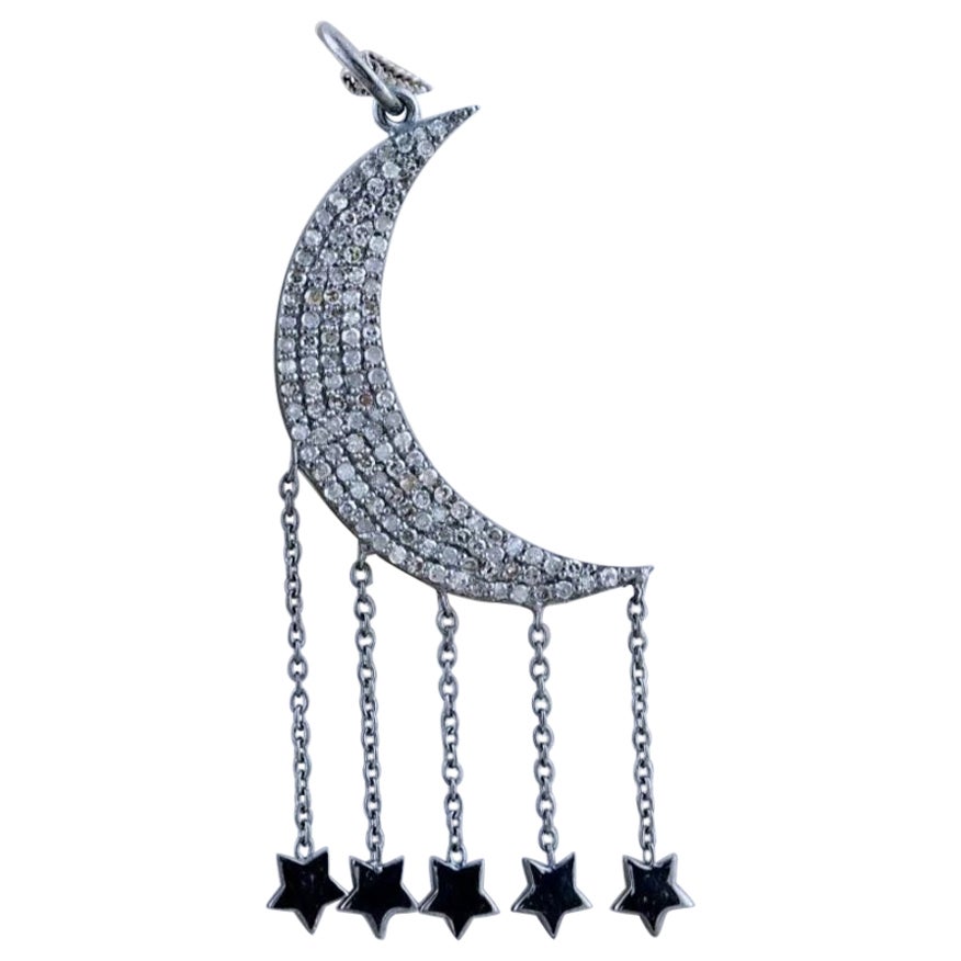 Pave Diamond Crescent Moon Pendant 925 Sterling Silver Moon And Star Charm Gift.