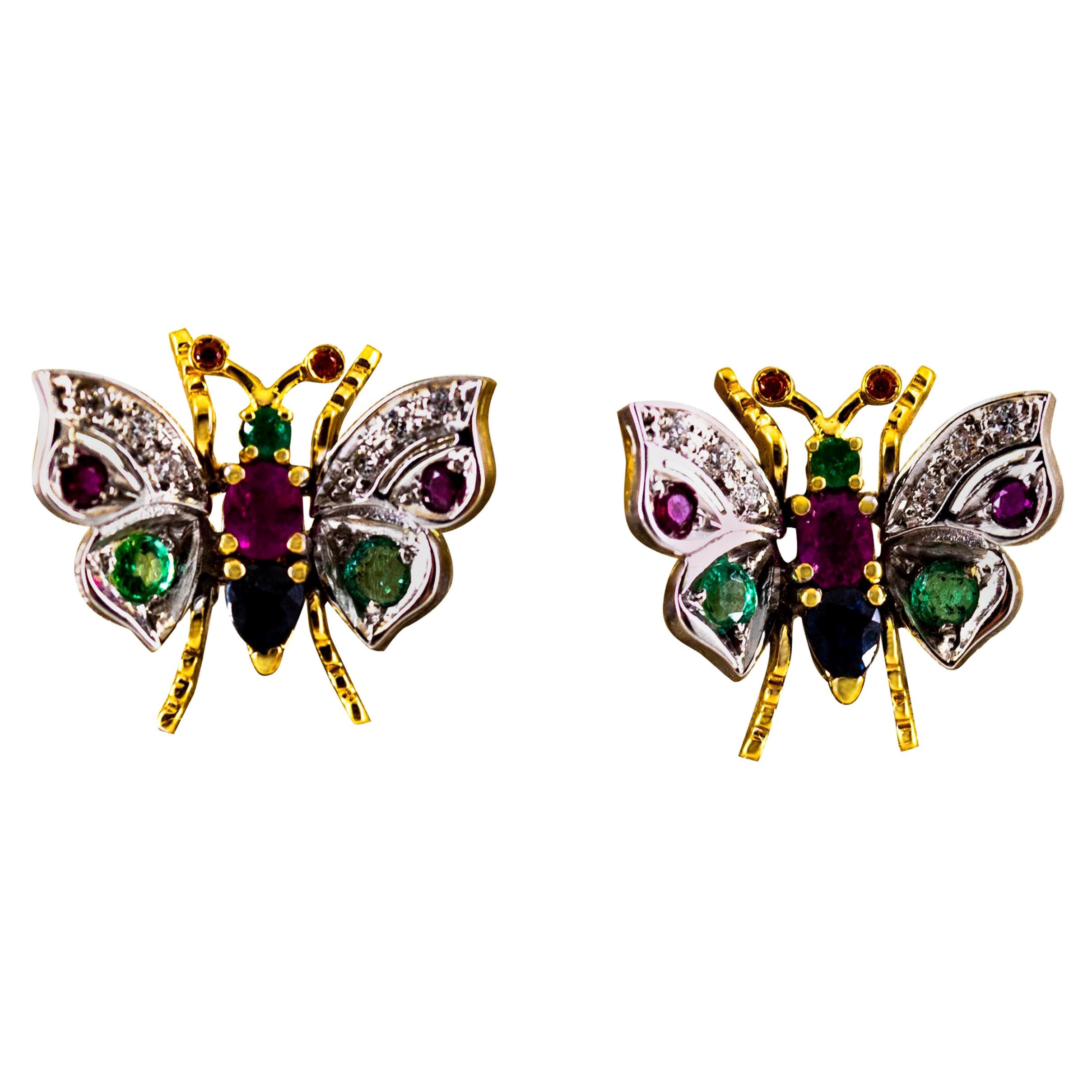 Art Nouveau White Diamond Ruby Emerald Blue Sapphire White Gold Stud Earrings