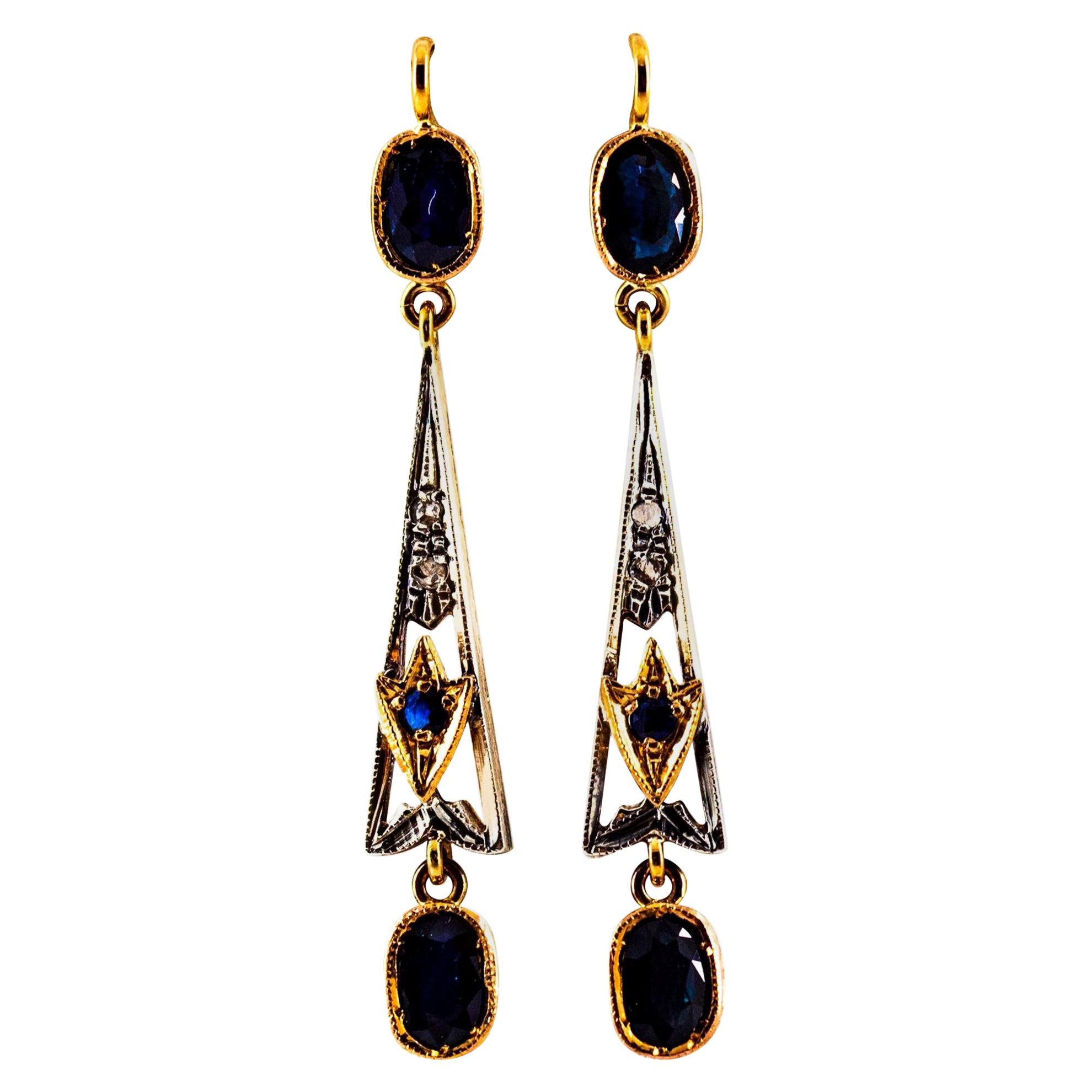 Art Deco White Rose Cut Diamond Blue Sapphire Yellow Gold Lever-Back Earrings