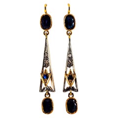 Art Deco White Rose Cut Diamond Blue Sapphire Yellow Gold Lever-Back Earrings