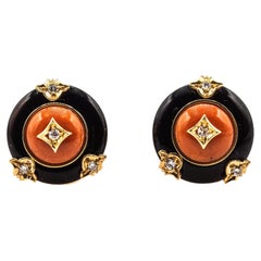 Art Deco Style Mediterranean Red Coral White Diamond Onyx Yellow Gold Earrings