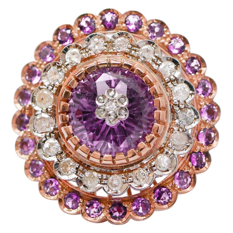 Amethysts, Diamonds, Rose Gold and Silver Ring.