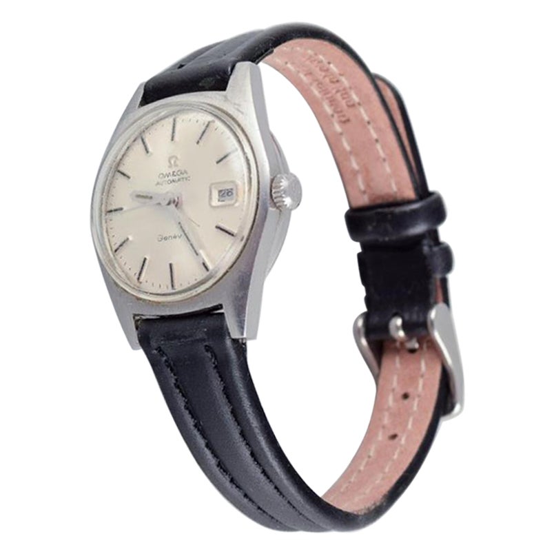 Omega Geneve ladies' wristwatch with a black leather strap. 1970s.
