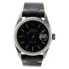 Vintage Rolex Stainless Steel Datejust Rare Black Dial Automatic Wristwatch