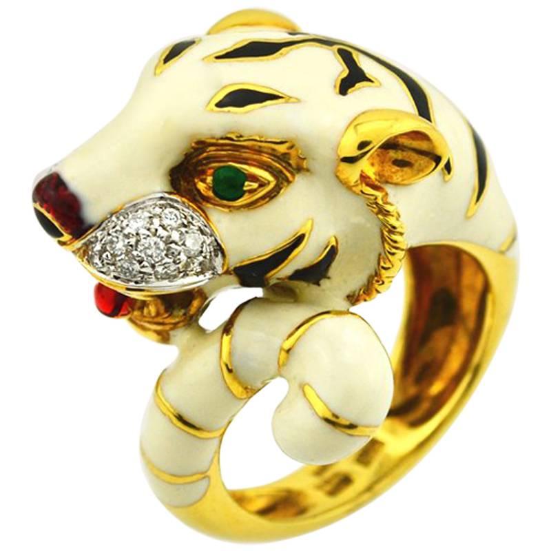 Emerald Diamond Enamel Gold Tiger Ring For Sale