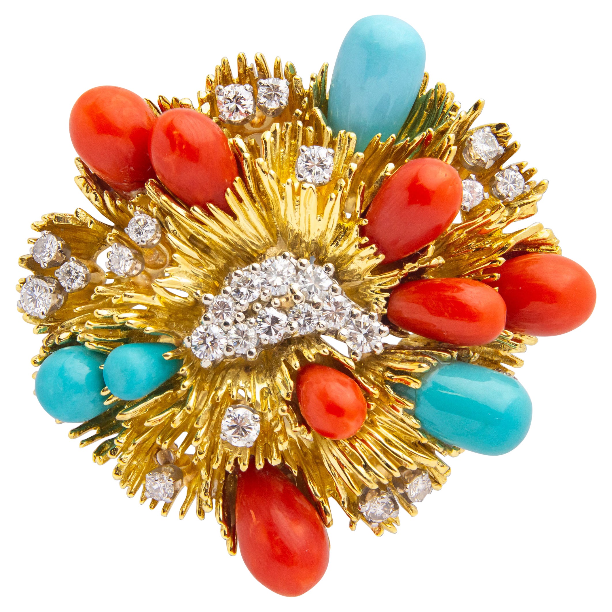 Mid Century Coral & Turquoise Brooch Pendant by Tiffany & Co.