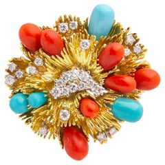 Mid Century Coral & Turquoise Brooch Pendant by Tiffany & Co.