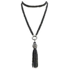 Marina J Sautoir Black Pearl Sterling Silver Beads and Black Pearl Silver Tussle