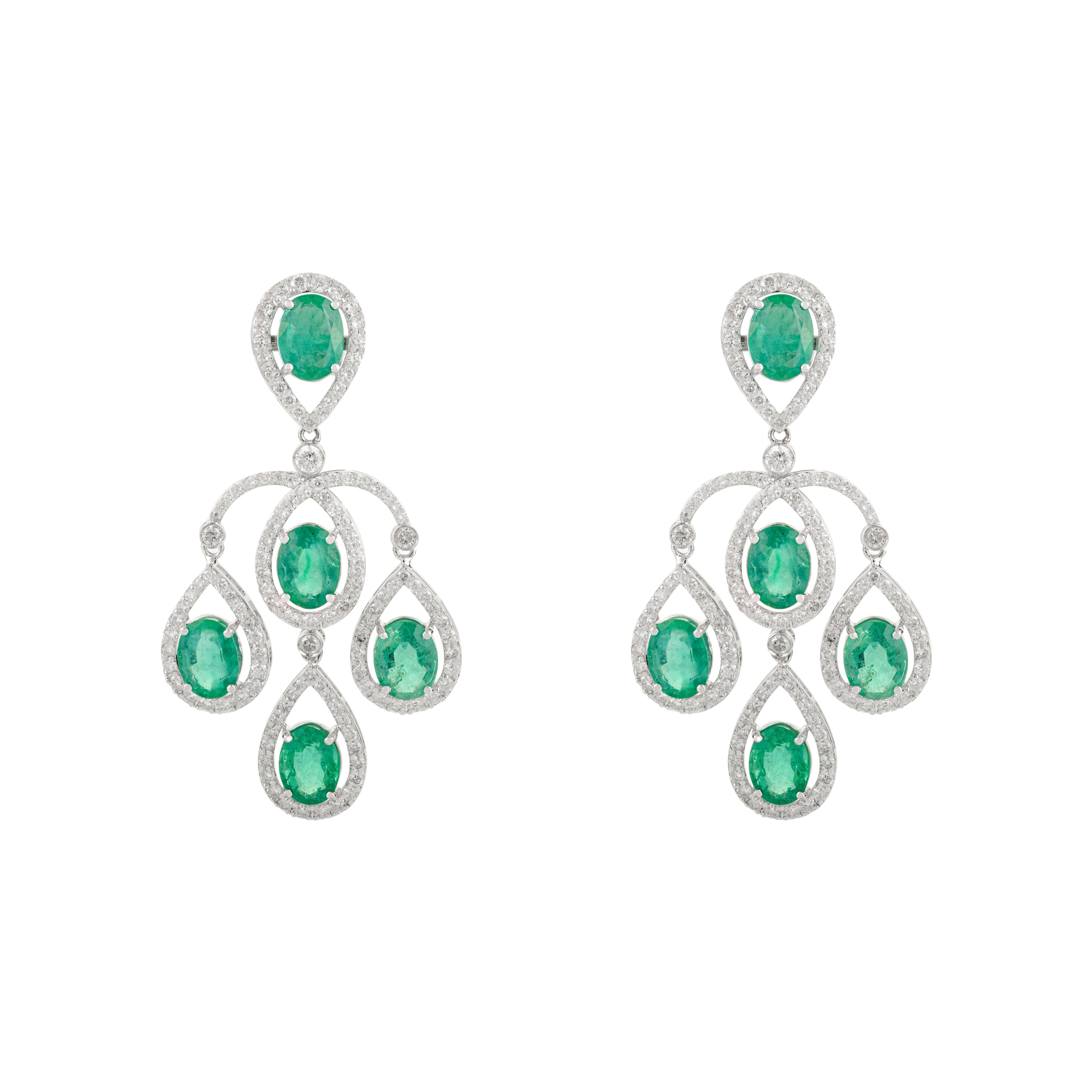 Art Nouveau Emerald and Diamond Chandelier Earrings Studded in 18K White Gold