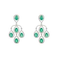 Art Nouveau Emerald and Diamond Chandelier Earrings Studded in 18K White Gold