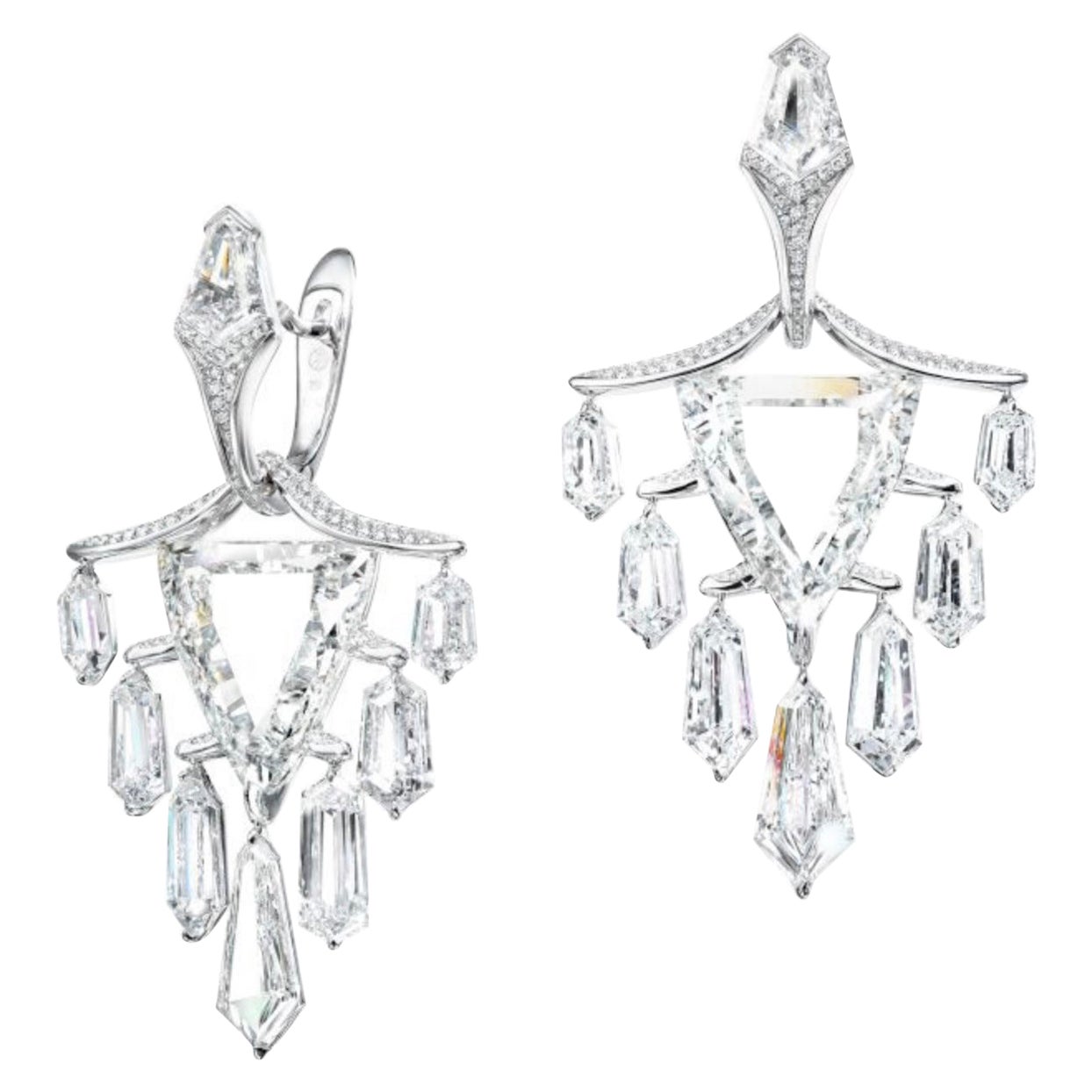 Tapered Chandelier Diamond Earrings in 18k White Gold, Shield-Cut Design