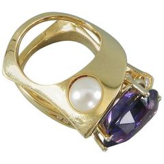 Sculptural Yellow Gold Ring with Diamonds Amethyst and Pearl