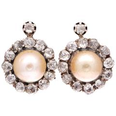 French Belle Époque Natural Pearl Diamond Silver Gold Earrings