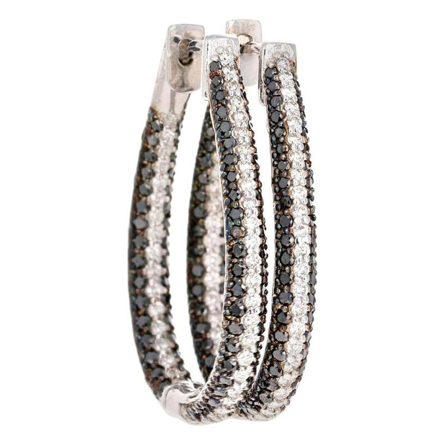 3.27 Carat Black and White Diamond 14 Karat White Gold Hoop Earrings