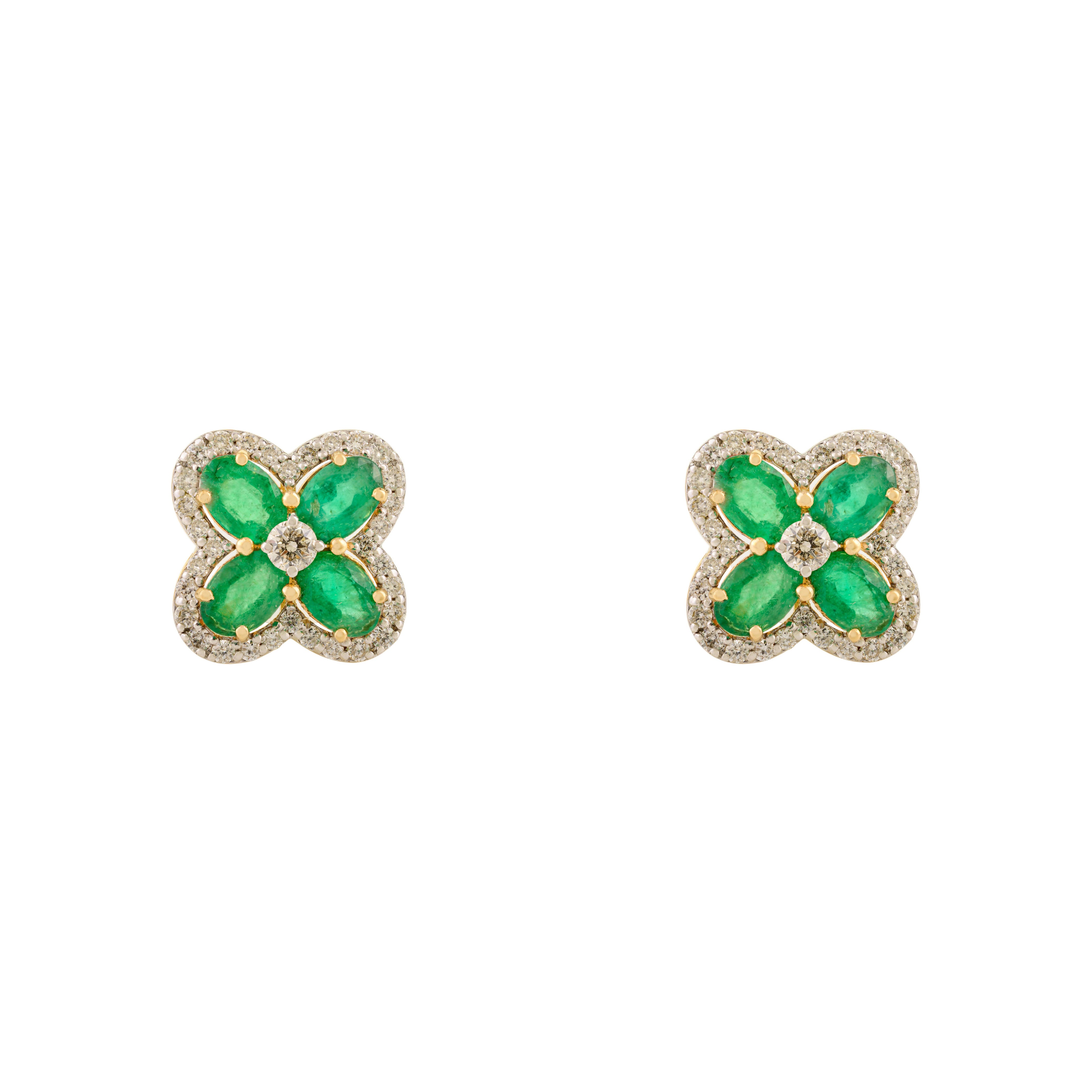 4 CTW Natural Emerald Floral Diamond Stud Earrings in Solid 18k Yellow Gold