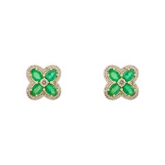 4 CTW Natural Emerald Floral Diamond Stud Earrings in Solid 18k Yellow Gold