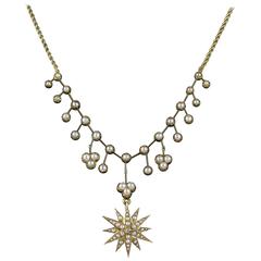 Antique Victorian Pearl Diamond Necklace 15 Carat Gold 1