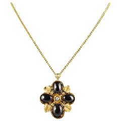 Antique Victorian Garnet Diamond Gold Pendant Necklace circa 1900