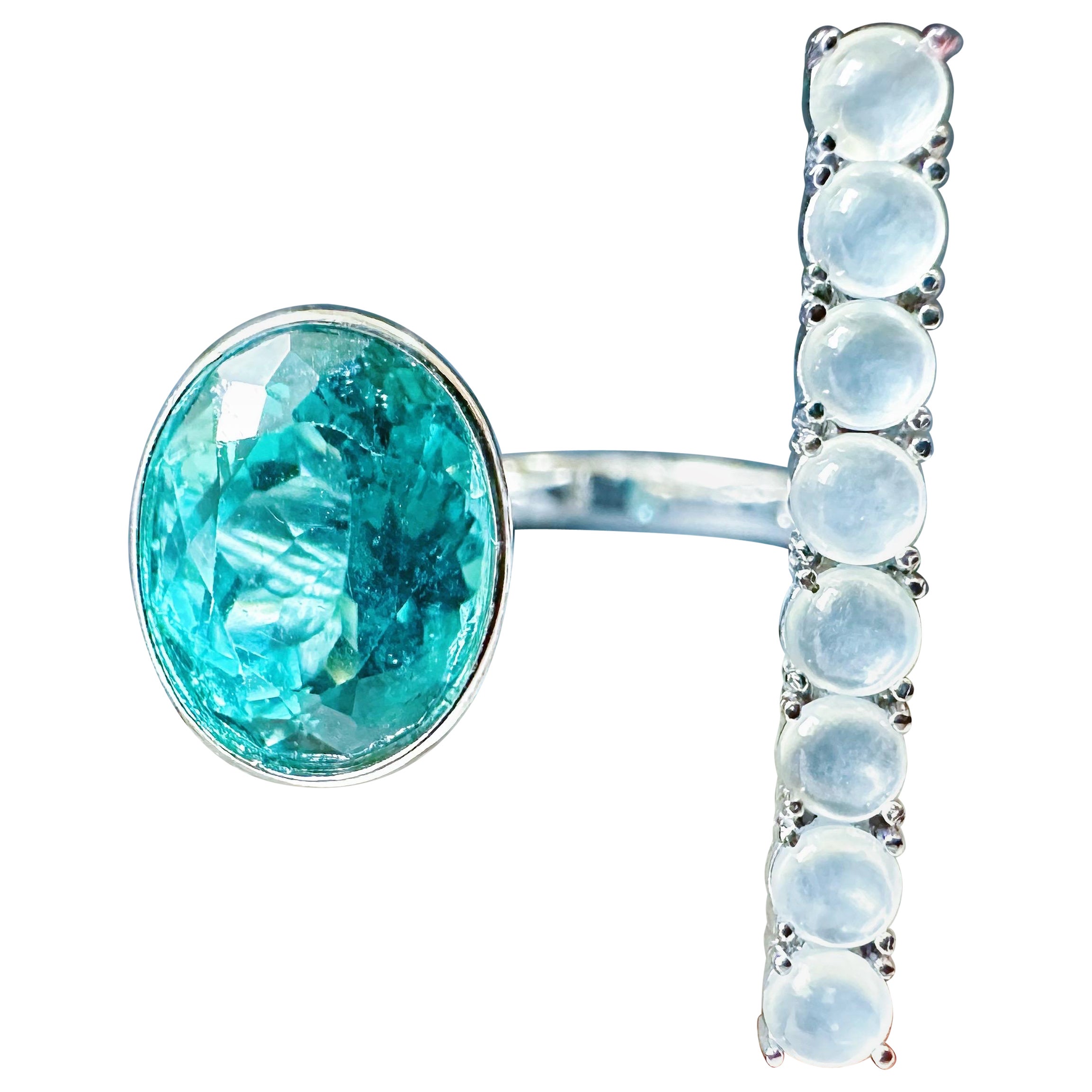 Natural Blue Apatite and Icy Jade Cabochons Open Ring in 18K White Gold in vendita