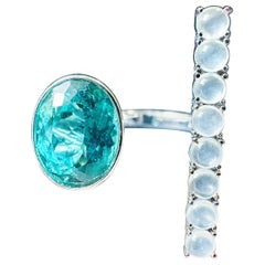 Natural Blue Apatite and Icy Jade Cabochons Open Ring in 18K White Gold