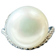Natural Large South Sea Pearl Ring in 18K White Gold with Diamond Accents