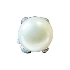 Natural Giant South Sea Pearl Ring with Diamond in 18K White Gold