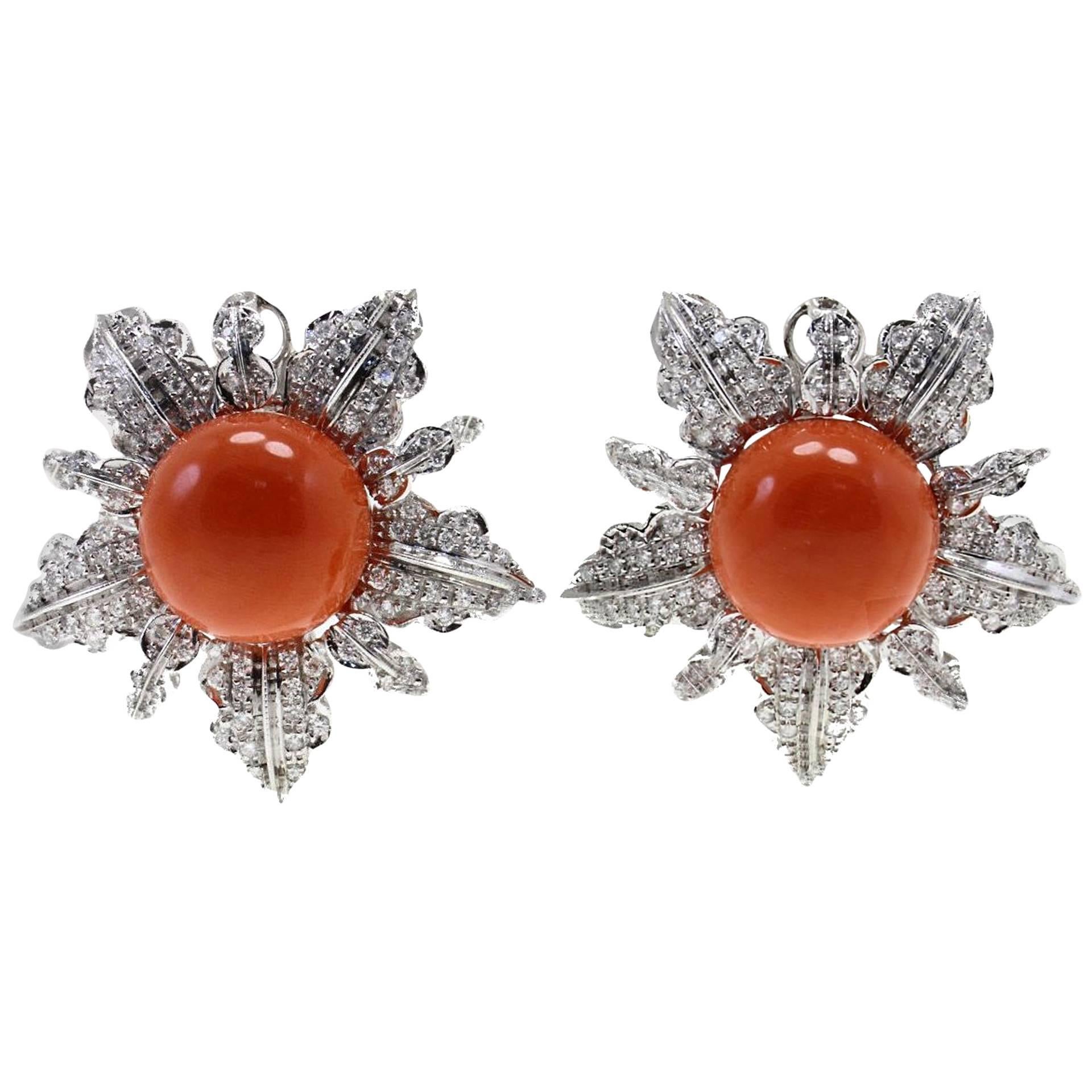White Diamonds, Red Coral Buttons, 18K White Gold Clip-on Earrings