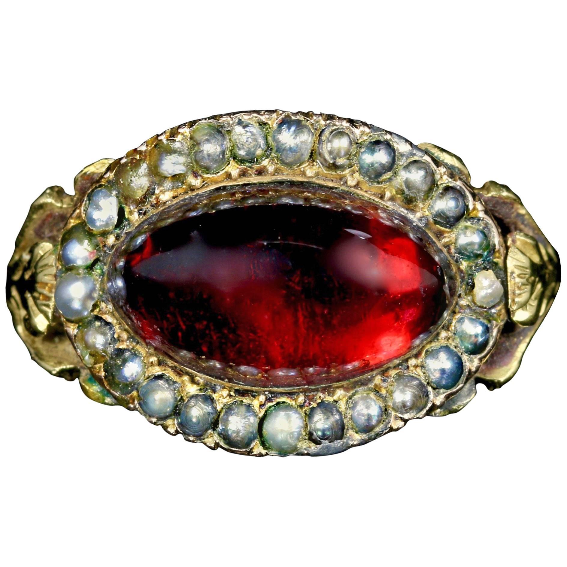 Antique Georgian Garnet Pearl Ring 18 Carat Gold