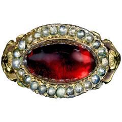 Antique Georgian Garnet Pearl Ring 18 Carat Gold