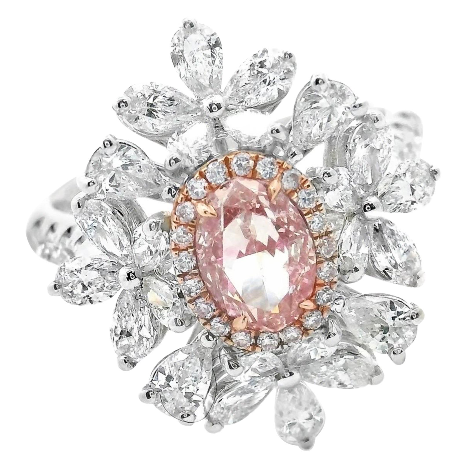 Oval Brilliant Cut Pink Diamond 2.78 Carat Total Pear and Marquise Diamond Ring For Sale