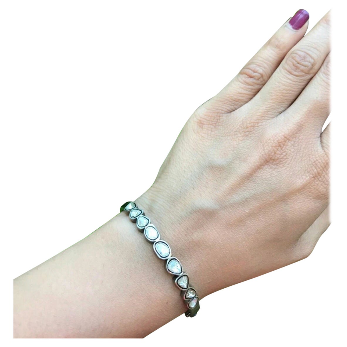Rosecut Diamond Bangle 925 Silver Polki Diamond Bangle Oval Shape Clasps Bangle.