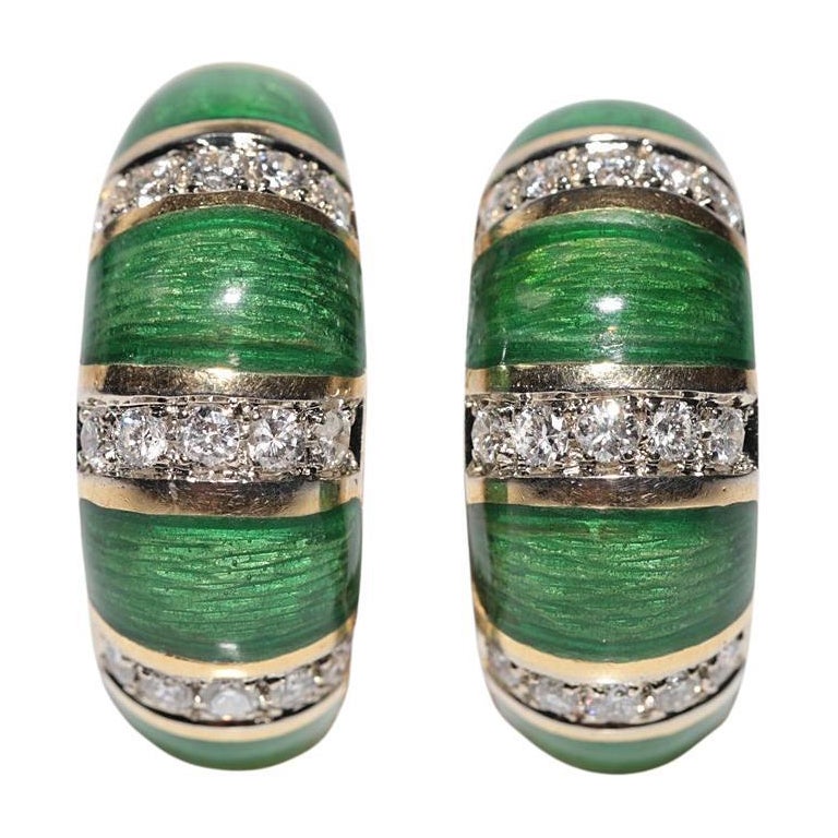 Vintage Circa 1980s 18k Gold Natural Diamond Decorated Enamel Earring